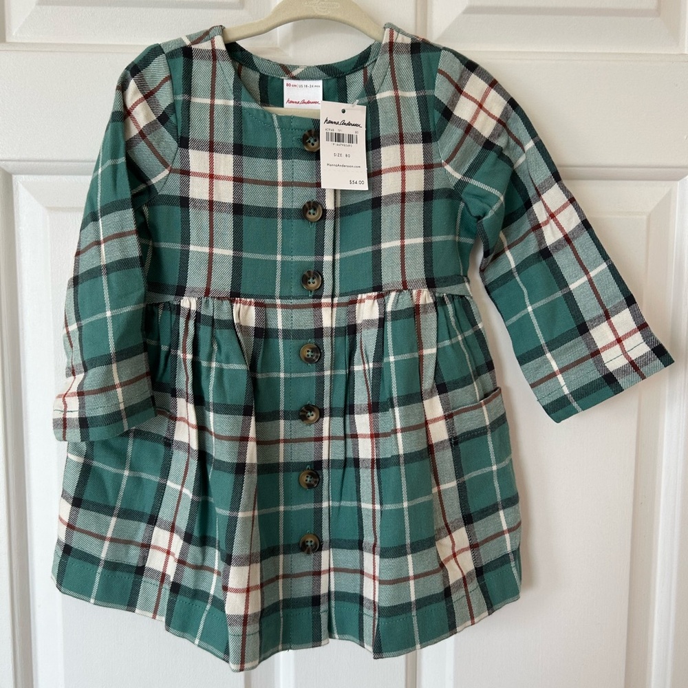 Hanna Anderson 100% Cotton Green Plaid Button-Up Dress US 18-24 months